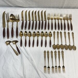 Mid Century Modern Thai Wood Handle Brass? Flatware Lot Of 42 Buddha? Goddess?